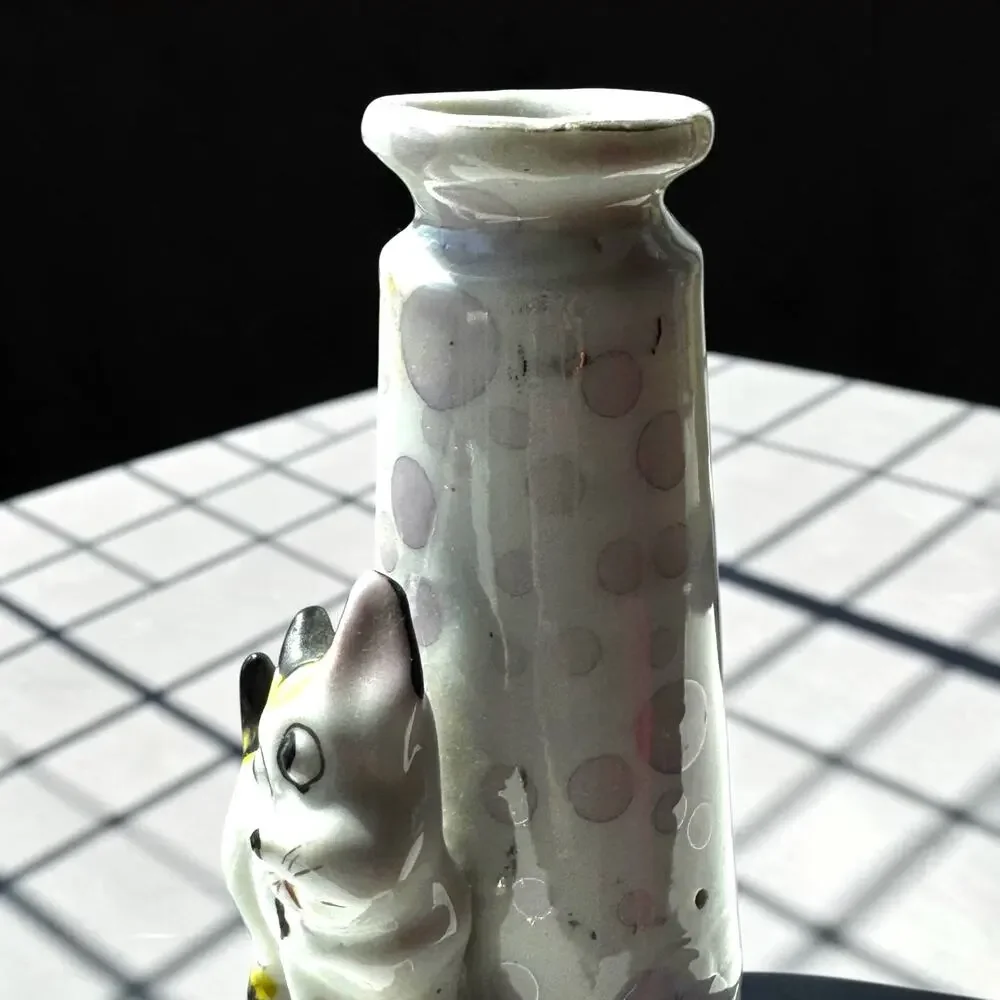 Vintage Made in Japan Ceramic Fawn Deer Bud Vase Figural Tulips Tree Trunk 1950s